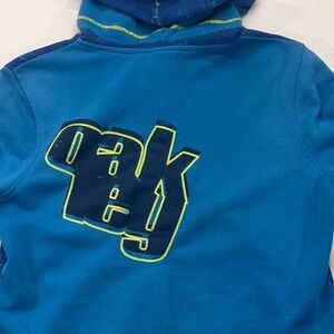 Oakley Full Zip Hoodie Men's Blue Graphic Logo Back Stripe Sweatshirt Distressed